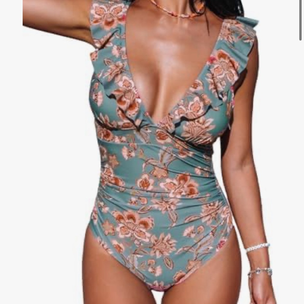 Cupshe Floral One Piece Swimsuit - Green and Orange